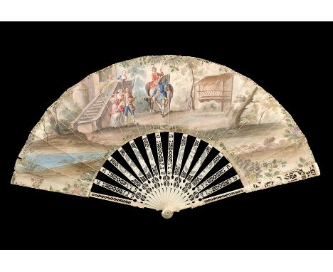 λ An 18th century ivory fan, circa 1760, with elaborately carved and pierced Chinoiserie guards and sticks, the sticks with t