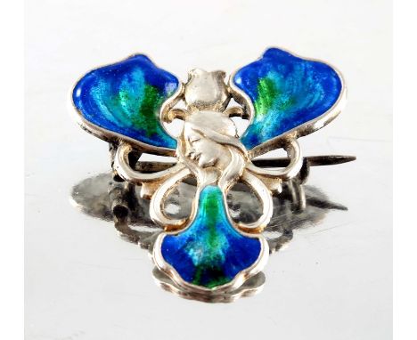 An Arts and Crafts silver and enamelled brooch, in the Art Nouveau style, the three petals in blue and green enamel, around a