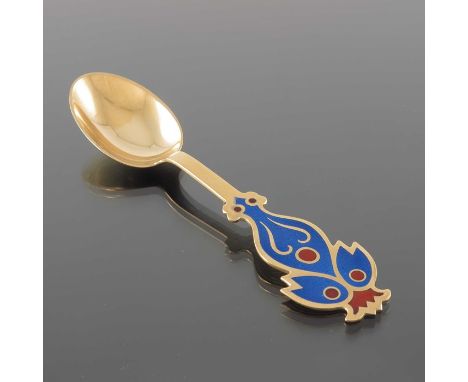 Carl Henning Pedersen for Anton Michelsen, a Danish Modernist silver gilt and enamelled spoon, July 1974, the terminal with c