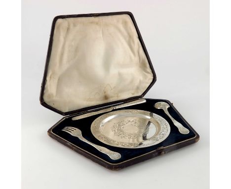 A Victorian silver christening set, Aaron Hadfield, Sheffield 1848, including plate, spoon, fork and knife, each etched with 