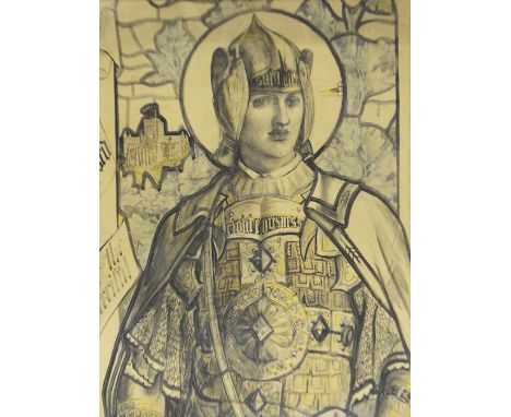 A Pre-Raphaelite stained glass design of St Alban, depicting a knightly figure with an image of Saint Albans Cathedral and oa