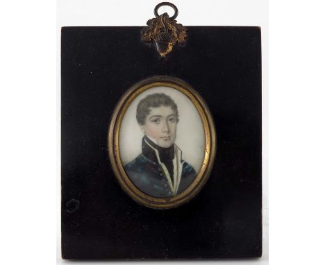 A 19th century portrait miniature of a Royal Navy officer, in ebonised and gilt metal mounted frame, 6cm x 4.5cm