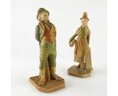 James Hadley for Royal Worcester, two figures, Irishman and Welsh Woman, models 1875 and 835, in shot enamels colourway, 18cm