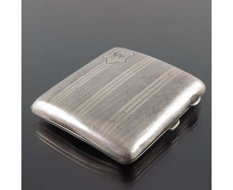 A George V silver cigarette case, Joseph Gloster Ltd., Birmingham 1923, rectangular hip form, with engine turned stripe desig