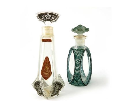 Julien Viard (attributed), two glass perfume bottles, circa 1925, one with black stained moulded ivy motifs with paper label 