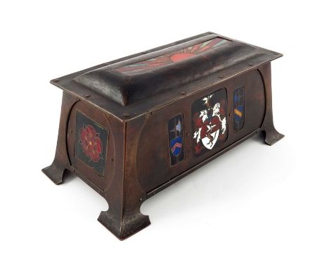 An Arts and Crafts copper and enamelled freedom casket, tapered rectangular section with strap corner bracket feet, each end 
