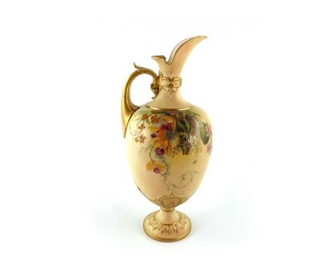 A Royal Worcester blush ivory ewer, 1905, pedestal ovoid form with Grecian helmet spout, painted with hanging flowers, highli