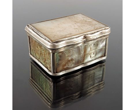 A Louis XV silver and mother of pearl snuff box, discharge mark Paris circa 1750, modelled as a chest of four drawers, the si