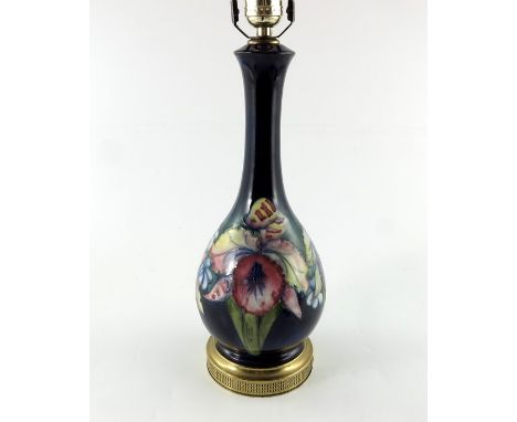 Walter Moorcroft, an Orchid lamp base, circa 1945, ovoid bottle form, with metal mounts, 60cm high to top of shade