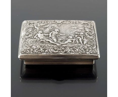 An 18th century silver snuff box, WH makers mark only, the rectangular lid embossed with Dido and Aeneas, within a foliate sc