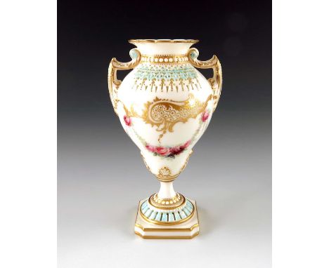 George Owen and Harry Chair for Royal Worcester, a reticulated pedestal vase, 1898, ogee gourd form, the handles, shoulder an