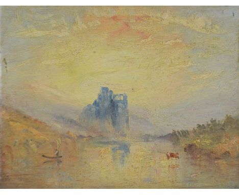 Follower of William Turner (1775-1851), Norham Castle, Sunrise, oil on board, 25cm x 32cm, framed, note on verso: a sketch in