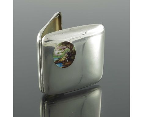A Swiss silver and enamelled cigarette case, Achef, circa 1930, plain hip fitting cushioned square form with oval vignette of