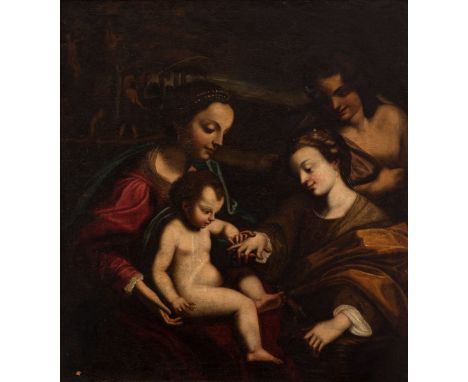 Spanish school, 18th century. After CORREGGIO (1489 -1534)."Mystical nuptials of Saint Catherine". Oil on canvas.Relined.20th