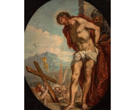 Madrid School, 17th century."Christ presented to the people".Oil on canvas.Relined.Period frame.Remains of xylophages.Measure