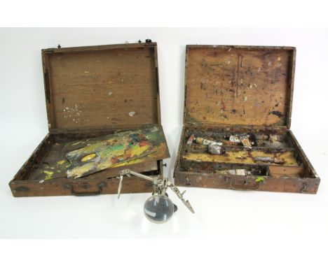 Two artists vintage wooden paint boxes and three palettes, and a modeller's magnifying glass (6).