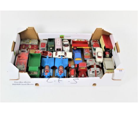 A box of play worn Corgi and Dinky diecast models, to include two Corgi Super Mobiles with Superman figures