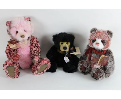 Three Charlie bears, to comprise "Sasha", with pink animal print plush body, "Dixie", with red and brown plush body, and "Ann