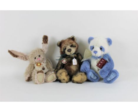 Three Charlie bears teddy bears and a bunny rabbit bear, to comprise, "Cobweb", with bunny rabbit ears and jingle bell pendan