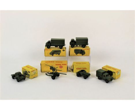 A group of Dinky diecast military model vehicles with boxes, to comprise a 5.5 medium gun (692), with olive drab, twin cast d
