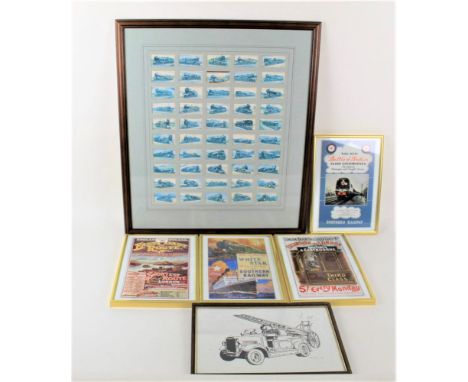 A group of 4 reproduction railway poster prints and a framed fire tender print  