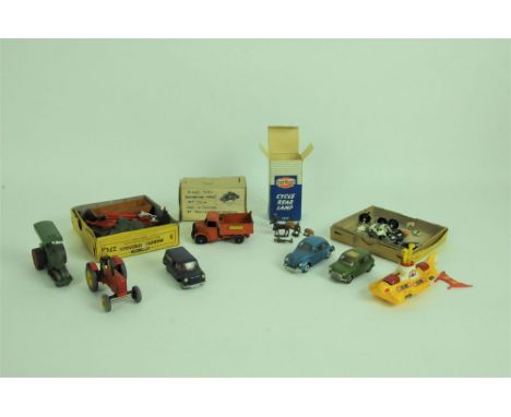 A box of mixed diecast, to include a Dinky Massey-Harris tractor, Crescent pressed metal trees, a Corgi Yellow Submarine, and