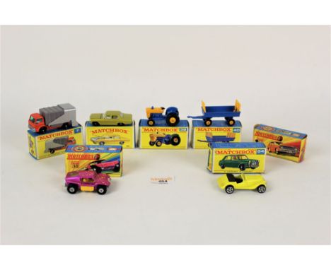 A group of five Matchbox diecast models, to comprise a Ford refuse truck (7), an Opel Diplomat (36), a Ford Tractor (39), a H