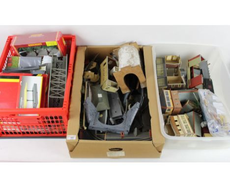 Four boxes of model railway accessories, to include plastic and cardboard railway buildings, boxed Hornby accessories, a Lima