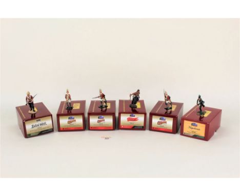 Six boxed Britain's scale metal figures, to include "Zulu War, British 24th foot standing looking to right", "Regiments Briti