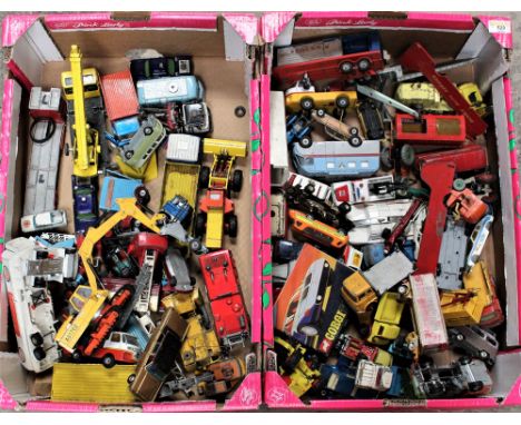 Two boxes of play worn die cast models, mainly Corgi and Dinky, including a Transmitter Van, a Corgi Batmobile, Chipperfield'