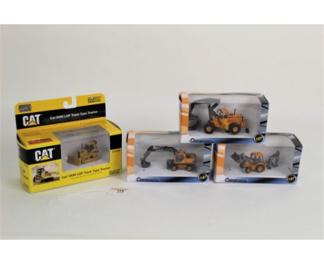 A Norscot 1/87 scale CAT D5M LGP track-type tractor, plus three Cararama 1/87 scale construction model vehicles 