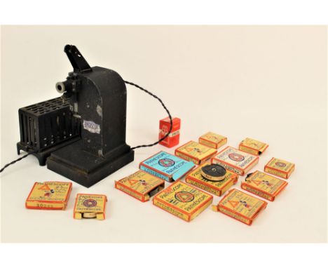 A vintage Bingoscope toy projector, with a small number of 9.5mm Walt Disney's Mickey Mouse cine films, and a screen