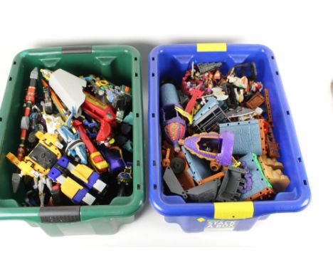 Four boxes of plastic toys, to include transformable toys, Flexi Trax, Power Rangers themed toys, and other action figures 