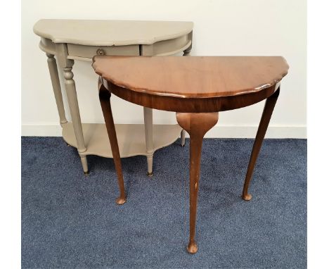 WALNUT D SHAPED HALL TABLEwith a wavy edge and standing on slender cabriole supports, 72.5cm high, together with a grey paint