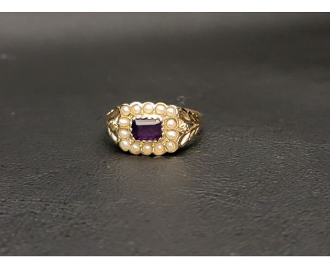 AMETHYST AND PEARL CLUSTER RING the central horizontally set rectangular cut amethyst in a fourteen pearl surround, on a nine