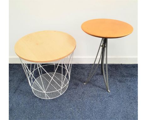 BEECH OCCASIONAL TABLEwith a circular top on three metal shaped supports, 61.5cm high, together with an occasional table with