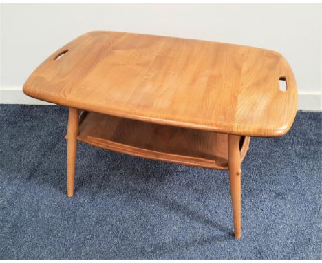 ERCOL ELM AND BEECH BUTLERS TRAY TABLEwith two recessed handles to the top above an undertier with raised sides, standing on 