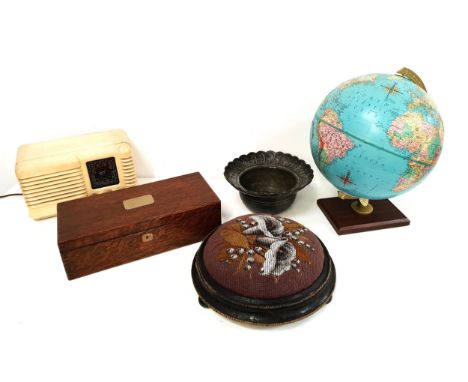 MIXED LOT OF COLLECTABLESincluding a terrestrial globe on stand, an ebonised circular footstool with floral needlework panel,