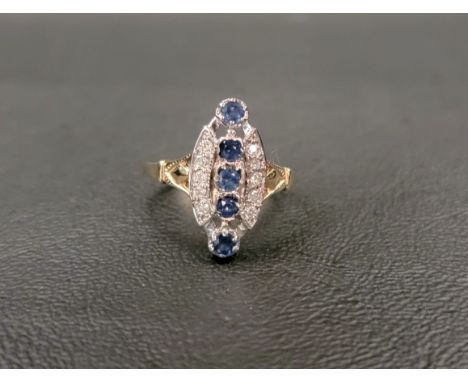 ART DECO STYLE SAPPHIRE AND DIAMOND PLAQUE RINGthe central five vertically set round cut sapphires flanked by five diamond to