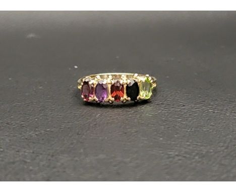 MULTI GEMSTONE RINGthe five oval cut gemstones comprising rhodolite, amethyst, garnet, sapphire and peridot, on a nine carat 