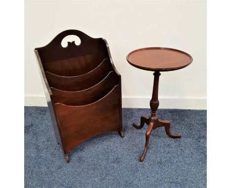 MAHOGANY MAGAZINE RACKwith a pierced handle above three divisions, 63cm high, together with a mahogany tripod wine table with