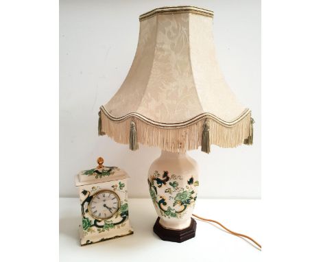 MASON'S IRONSTONE CLOCK AND LAMPboth in green 'Chartreuse' pattern, the clock 20.5cm high, the lamp 29cm high (excluding fitt