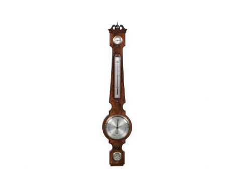 A mid-19th Century inlaid flame mahogany wheel barometer, with silvered dials, 98cms high.