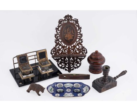 An Art Deco desk companion, with stationary holder and two glass inkwells, 29cms wide; and a selection of other furnishings, 