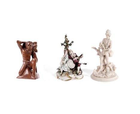  D. Panti, Bali, Denpasar: a vintage carved wood figure of a warrior, on naturalistic base, 33cms high; together with a Capo 