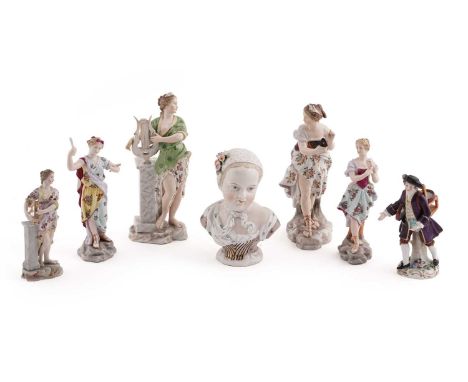 A collection of early 20th Century and late 19th Century Sitzendorf and Dresden style figural studies; together with a porcel