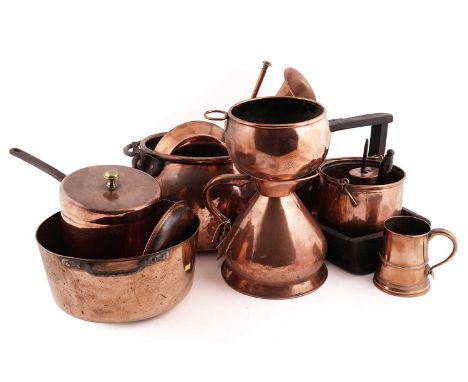 A selection of 19th Century and later copper ware, to include: a chocolate pot and stirrer; a tall saucepan and lid, 24cms; a