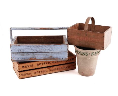 A mid-20th Century Guernsey Tomatoes pine crate; together with a selection of Royal Botanic Gardens Kew pine trays a trug, 42