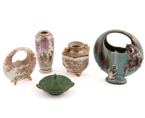 A collection of Oriental ceramics, including: a Japanese Meiji period satsuma moon vase, 16cms high; a satsuma vase, decorate