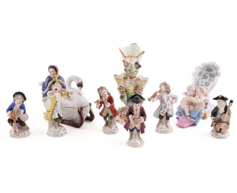 A 20th Century Sitzendorf Meissen style six piece ‘Monkey Band’; together with a selection of other continental ceramics, to 